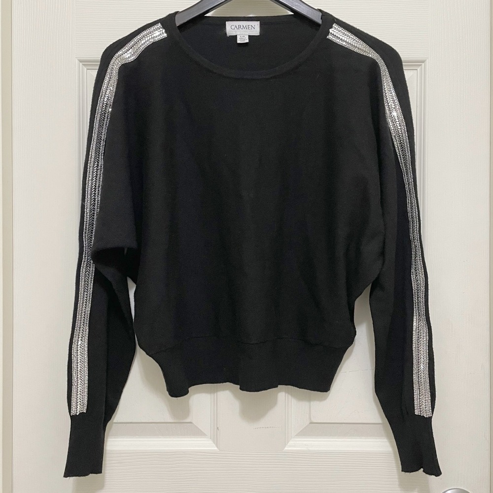 Carmen Marc Valvo Black Rhinestone Embellished Knit Sweater L Sparkle Party Chic